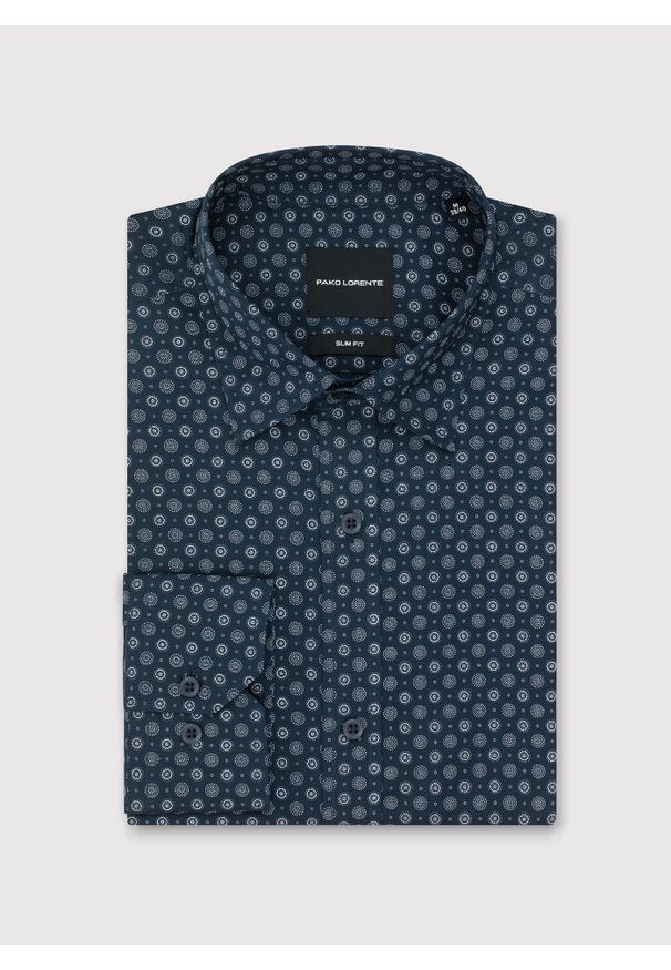 Pako Lorente - PAKO LORENTE - Granatowa koszula męska we wzór geometryczny. Kolor: niebieski. Materiał: bawełna. Długość rękawa: długi rękaw. Długość: długie. Wzór: geometria. Sezon: jesień