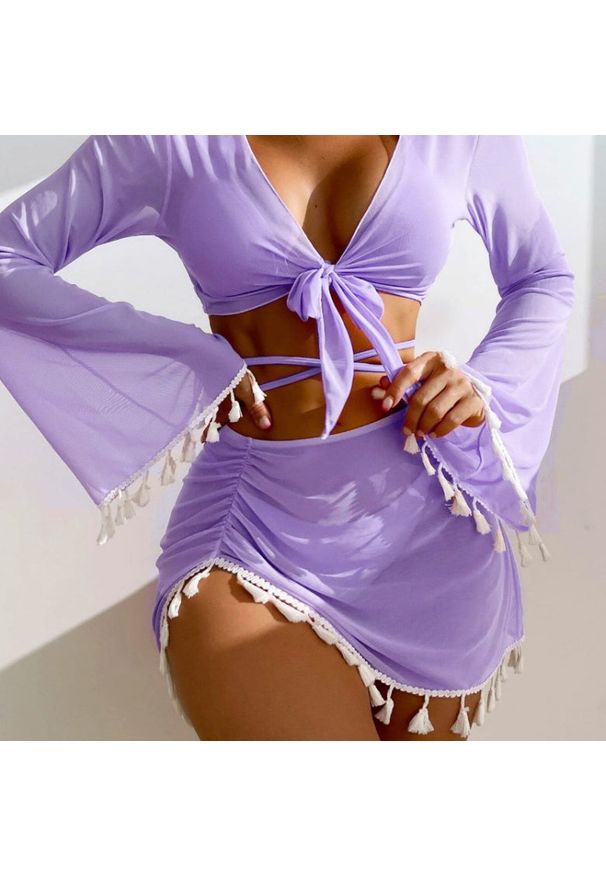 Intica - Komplet bikini z pareo i wielofunkcyjnym topem na plażę Maili. Kolor: niebieski. Materiał: materiał. Wzór: aplikacja