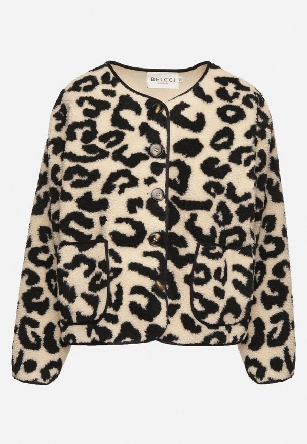 Born2be - Beżowa Panterkowa Futrzana Kurtka z Kieszeniami Sewilaine. Okazja: na co dzień. Kolor: beżowy. Materiał: futro. Styl: casual, elegancki