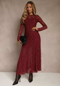 Renee - Bordowa Elegancka Sukienka z Koronki z Odkrytymi Plecami Lilafera. Okazja: na co dzień. Typ kołnierza: dekolt na plecach. Kolor: czerwony. Materiał: koronka. Długość rękawa: na ramiączkach. Wzór: koronka. Styl: elegancki #4