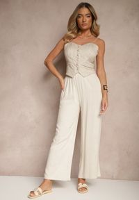 Renee - Beżowe Szerokie Spodnie z Lnem High Waist Sanitria. Okazja: na co dzień. Stan: podwyższony. Kolor: beżowy. Materiał: len. Styl: elegancki, casual
