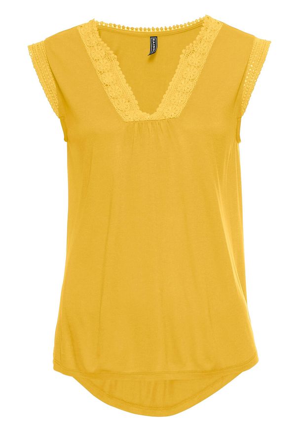 Top shirtowy z koronką bonprix żółty. Kolor: żółty. Materiał: koronka. Wzór: koronka