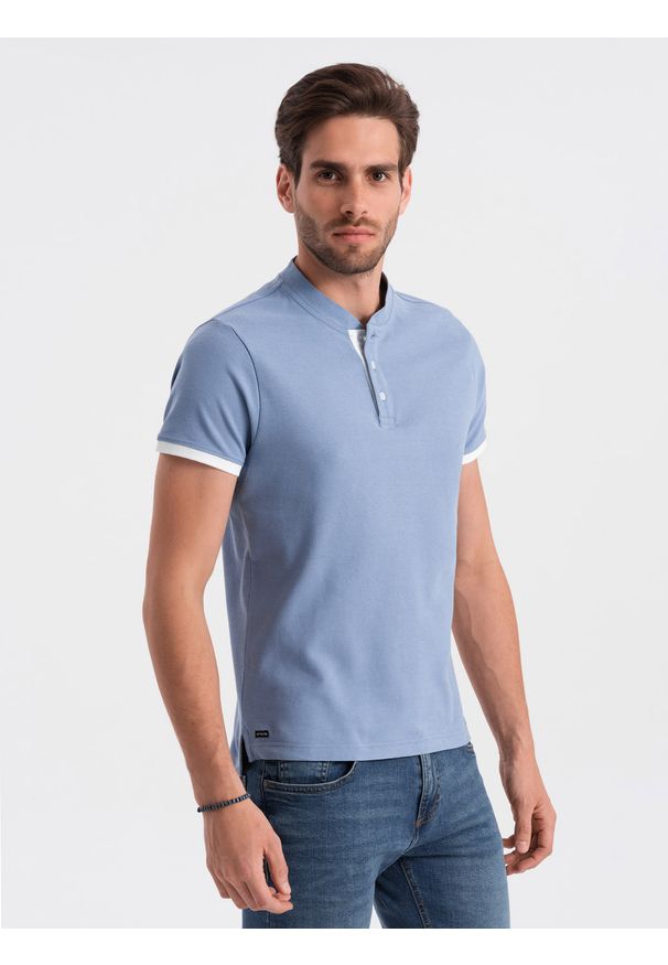 Ombre Clothing - Koszulka męska polo bez kołnierzyka - niebieska V3. Typ kołnierza: polo, bez kołnierzyka. Kolor: niebieski. Materiał: bawełna. Długość: długie