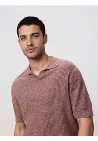 Reserved - Strukturalny sweter polo - czerwony. Typ kołnierza: polo. Kolor: czerwony. Materiał: dzianina, bawełna