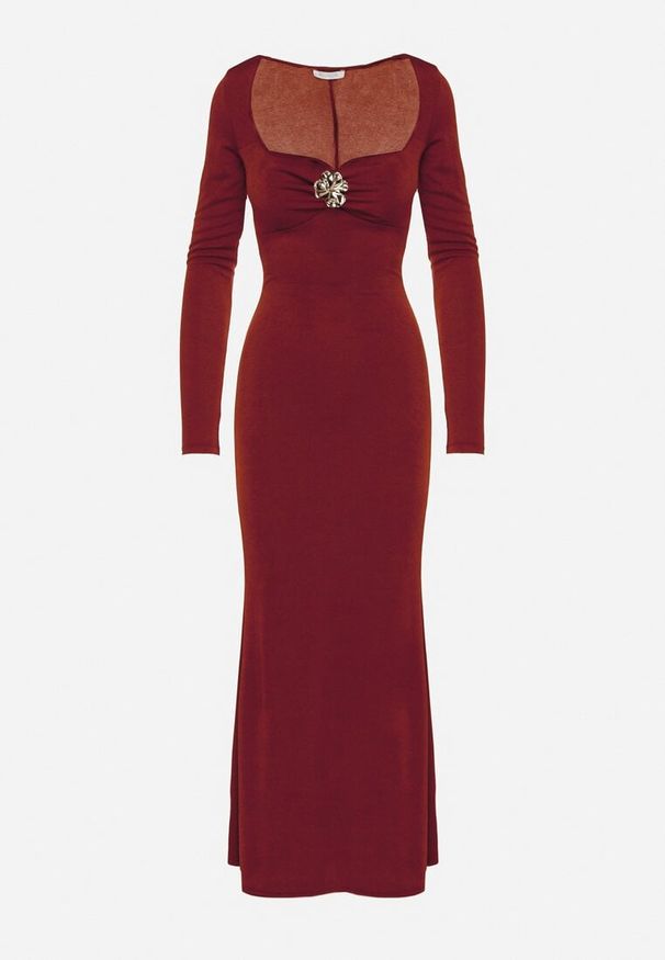 Born2be - Bordowa Sukienka Koktajlowa z Biżuteryjną Aplikacją i Długim Rękawem Idivianne. Kolor: czerwony. Długość rękawa: długi rękaw. Wzór: aplikacja. Typ sukienki: dopasowane. Styl: wizytowy
