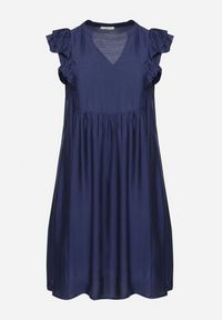 Born2be - Niebieska Sukienka Pudełkowa z Bawełną i Trójkątnym Dekoltem Ozdobiona Falbankami Vikirva. Okazja: na randkę, na co dzień. Typ kołnierza: kołnierz z falbankami. Kolekcja: plus size. Kolor: niebieski. Wzór: aplikacja. Typ sukienki: proste, dla puszystych. Materiał: bawełna. Długość rękawa: długi rękaw. Styl: elegancki, casual, klasyczny #2