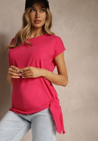 Renee - Różowy T-shirt z Bawełny z Ozdobnym Wiązaniem Termio. Okazja: do pracy, na spotkanie biznesowe. Kolor: różowy. Materiał: bawełna. Styl: klasyczny, biznesowy #5