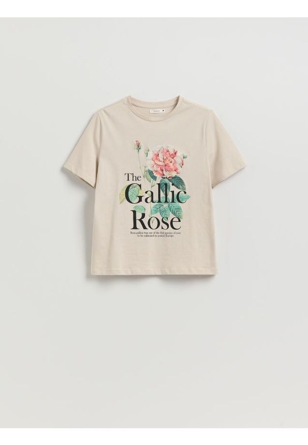 Reserved - T-shirt z nadrukiem - beżowy. Kolor: beżowy. Materiał: bawełna, dzianina. Wzór: nadruk