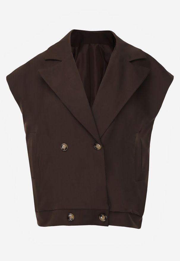 Renee - Brązowa Dwurzędowa Kamizelka Oversize o Garniturowym Kroju Edoriela. Kolor: brązowy. Materiał: poliester, koronka