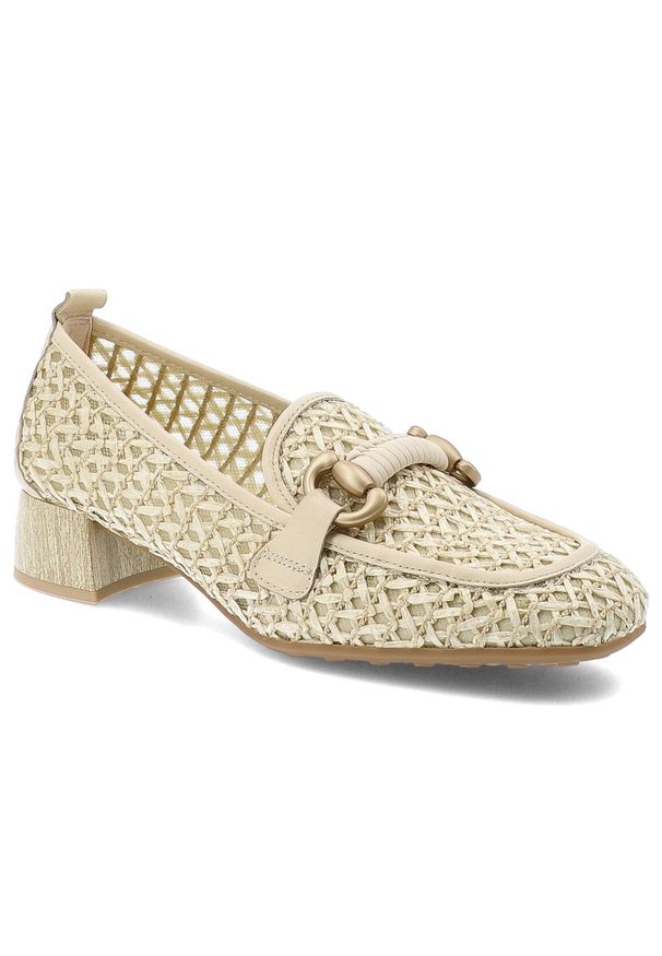 Półbuty damskie Hispanitas, ze skóry naturalnej z plecionym wykończeniem i wsuwanym krojem, beżowe, RHV264828 Marrakech-V26 Panna Soho-V26. Okazja: na co dzień. Kolor: beżowy. Szerokość cholewki: normalna. Wzór: ażurowy, aplikacja. Materiał: skóra. Sezon: lato. Obcas: na obcasie. Styl: casual, elegancki. Wysokość obcasa: niski