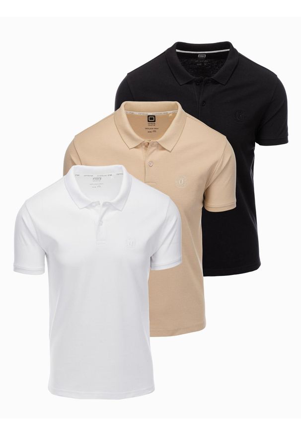 Ombre Clothing - Komplet męskich bawełnianych t-shirtów polo BASIC – czarny/biały/beżowy V7 OM-POBS-0133 - XXL. Typ kołnierza: polo. Kolor: biały. Materiał: bawełna. Wzór: haft. Styl: sportowy, klasyczny