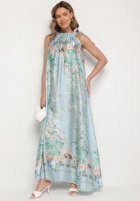Born2be - Jasnozielona Satynowa Sukienka w Kwiaty z Ozdobnym Wiązaniem Fenasella. Okazja: na co dzień. Kolor: zielony. Materiał: satyna. Wzór: kwiaty. Typ sukienki: proste. Styl: elegancki, casual, klasyczny, wizytowy #5