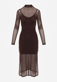 Born2be - Brązowa Prześwitująca Sukienka Siateczkowa z Halką Kuma. Okazja: na co dzień. Kolor: brązowy. Materiał: wiskoza, jeans. Długość rękawa: na ramiączkach. Typ sukienki: proste. Styl: casual, elegancki, klasyczny #2