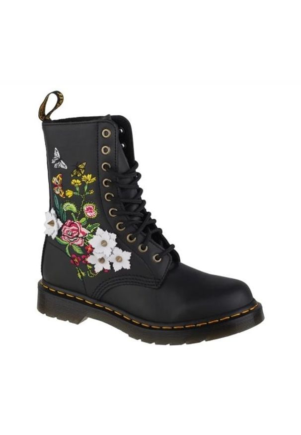 Dr Martens Glany Dr. Martens 1490 Floral DM27453001 czarne. Zapięcie: sznurówki. Kolor: czarny. Materiał: skóra, guma. Wzór: aplikacja, kwiaty