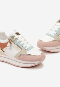Renee - Różowe Sneakersy na Platformie z Metaliczną Lamówką i Brokatem Bivina. Kolor: różowy. Wzór: aplikacja. Obcas: na platformie #4