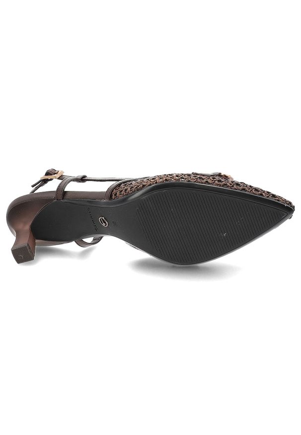 Czółenka damskie Tamaris, szpiczasty nosek odkryta pięta regulowany pasek stabilny obcas pleciona faktura ozdobny detal elegancki charakter, brązowe,. Nosek buta: szpiczasty. Zapięcie: pasek. Kolor: brązowy. Szerokość cholewki: normalna. Obcas: na obcasie. Styl: elegancki. Wysokość obcasa: średni