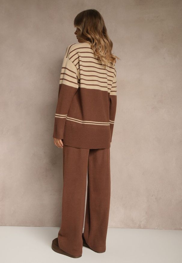 Renee - Brązowy Komplet z Dzianiny z Wełną Pasiasty Sweter i Spodnie Ralleia. Kolor: brązowy. Materiał: dzianina, wełna. Wzór: paski