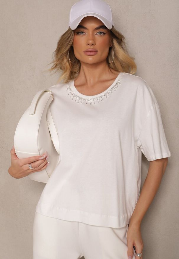 Renee - Biały T-shirt z Bawełny z Cyrkoniami Fadeola. Okazja: na co dzień. Kolor: biały. Materiał: bawełna. Styl: klasyczny, casual, elegancki