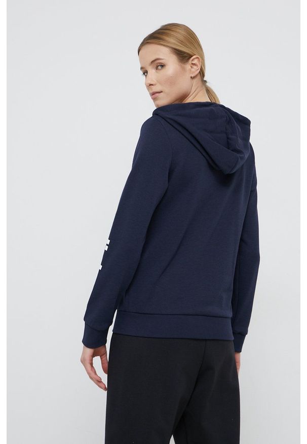 Adidas - adidas Bluza damska kolor granatowy z kapturem z nadrukiem. Okazja: na co dzień. Typ kołnierza: kaptur. Kolor: niebieski. Materiał: bawełna. Wzór: nadruk. Styl: casual