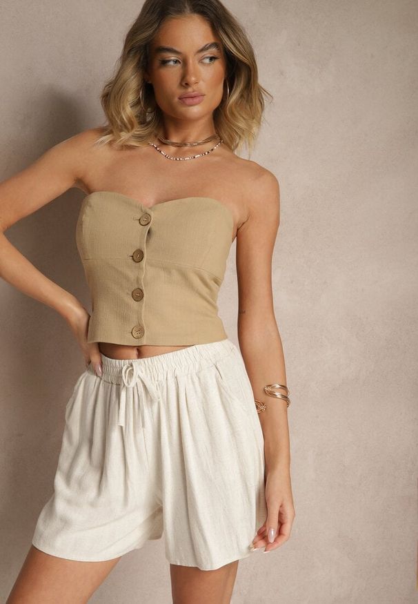 Renee - Jasnobeżowe Szorty z Lnem High Waist Ozdobione Wiązaniem Lenielle. Okazja: na co dzień, na spacer. Stan: podwyższony. Kolor: beżowy. Materiał: len. Wzór: aplikacja. Sezon: lato. Styl: sportowy, casual, elegancki