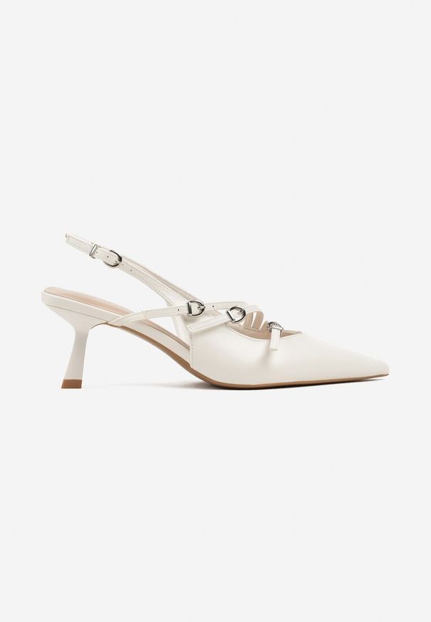 Renee - Białe Sandały Typu Kaczuszki Ozdobione Paskami i Sprzączkami Viranivia. Okazja: na co dzień. Nosek buta: szpiczasty. Zapięcie: pasek. Kolor: biały. Wzór: aplikacja. Sezon: lato. Obcas: na szpilce. Styl: casual, elegancki. Wysokość obcasa: średni