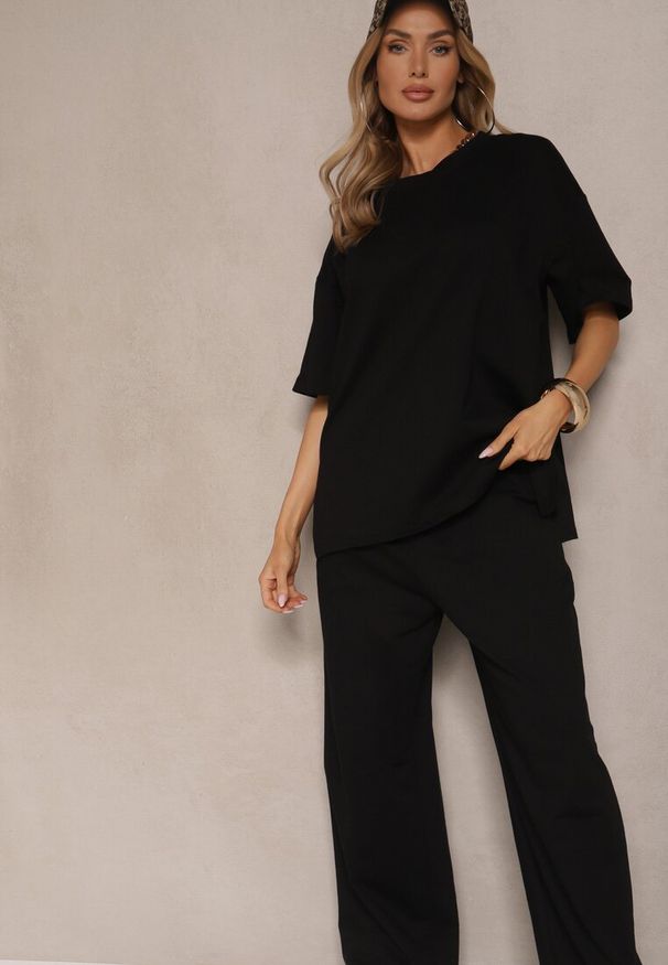 Renee - Czarny Komplet z Bawełny T-shirt z Rozcięciami i Spodnie o Szerokim Kroju Elpiola. Kolor: czarny. Materiał: bawełna