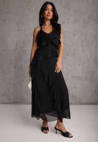 Renee - Czarna Elegancka Sukienka z Taliowaniem Wiązana na Plecach z Falbankami Ocyparia. Okazja: na imprezę. Typ kołnierza: kołnierz z falbankami. Kolor: czarny. Styl: elegancki #1