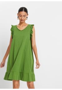 bonprix - Sukienka shirtowa z falbaną. Typ kołnierza: dekolt w serek. Kolor: zielony. Sezon: lato