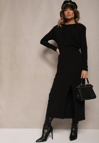 Renee - Czarna Elegancka Sukienka z Wiskozy z Gumką w Talii Zdobiona Eleganckim Rozcięciem Kistaria. Okazja: na spotkanie biznesowe, na co dzień. Kolor: czarny. Materiał: wiskoza. Długość rękawa: długi rękaw. Wzór: aplikacja. Styl: elegancki