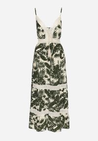 Born2be - Jasnobeżowa Bawełniana Sukienka Rozkloszowana z Koronką w Tropikalny Wzór Alusela. Okazja: na co dzień. Typ kołnierza: dekolt w serek. Kolor: beżowy. Materiał: koronka, bawełna. Długość rękawa: na ramiączkach. Wzór: koronka. Typ sukienki: rozkloszowane. Styl: casual, elegancki #4