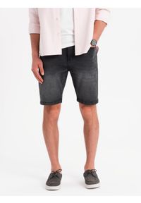 Ombre Clothing - Szorty męskie denimowe o klasycznym kroju – czarne V4. Kolor: czarny. Materiał: jeans, elastan, skóra, bawełna. Wzór: aplikacja. Sezon: lato. Styl: klasyczny #5