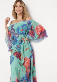 Born2be - Miętowa Rozkloszowana Sukienka z Wiązaniem w Talii i Szerokimi Rękawami Nellanora. Okazja: na spotkanie biznesowe. Kolor: miętowy. Styl: biznesowy