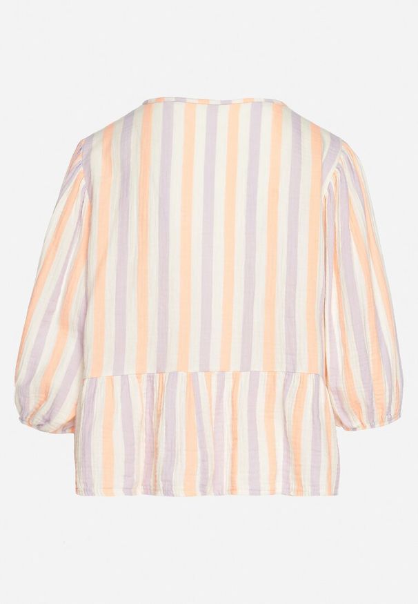 Born2be - Pomarańczowa Bawełniana Bluzka w Paski z Wiązaniem i Falbanką Regilla. Okazja: na co dzień. Typ kołnierza: kołnierz z falbankami. Kolor: pomarańczowy. Materiał: bawełna. Wzór: paski. Styl: casual, elegancki