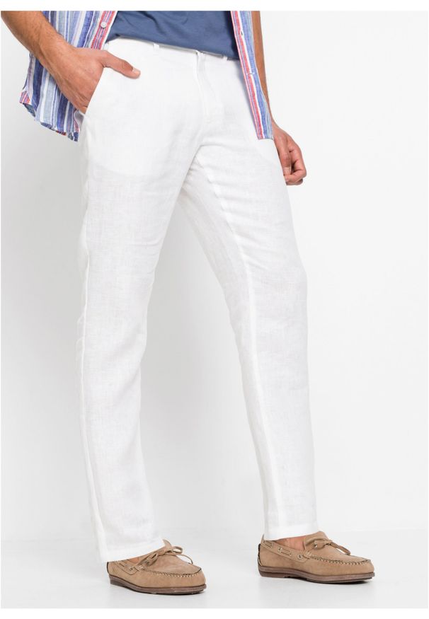 bonprix - Spodnie chino lniane Regular Fit Straight z wygodnym paskiem. Kolor: biały. Materiał: len