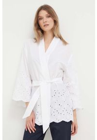 United Colors of Benetton marynarka bawełniana kolor biały niezapinana. Kolor: biały. Materiał: bawełna. Wzór: haft #1