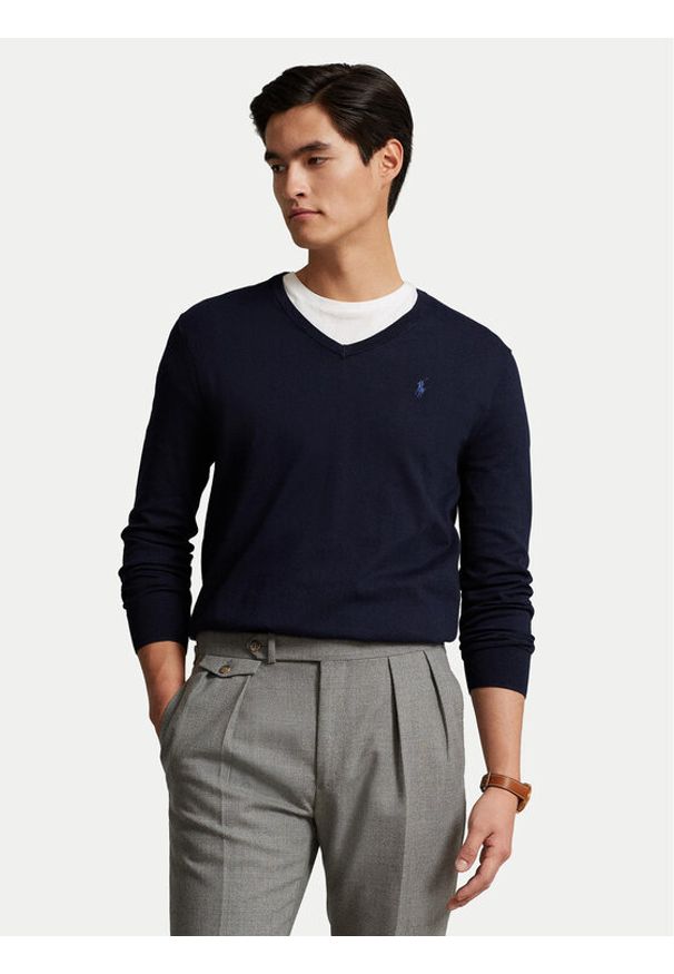 Polo Ralph Lauren Sweter Ls Sf Vn Pp 710670789004 Granatowy Slim Fit. Typ kołnierza: polo. Kolor: niebieski. Materiał: bawełna