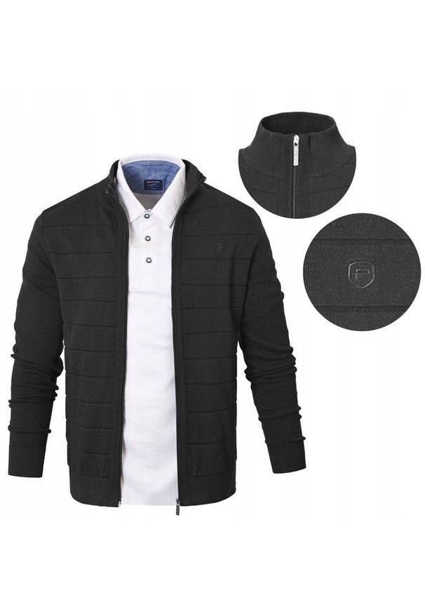 Rozpinany Sweter Męski (Kardigan) - Pako Jeans - Czarny. Kolor: czarny. Materiał: bawełna