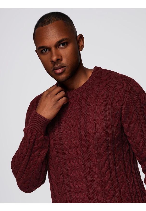 Ombre Clothing - Elegancki sweter męski z ciekawym splotem – bordowy V6 - Rozmiar: XL. Okazja: na co dzień. Kolor: czerwony. Materiał: bawełna, akryl. Wzór: ze splotem. Styl: elegancki
