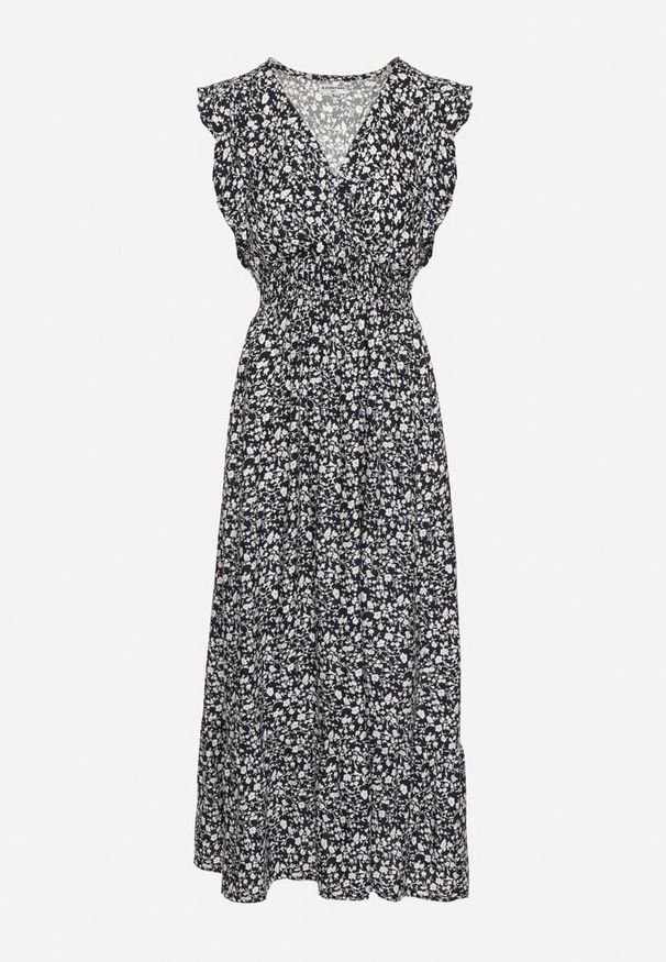 Born2be - Granatowa Sukienka o Rozkloszowanym Kroju z Falbankami w Kwiatowy Wzór Aravisse. Okazja: na co dzień. Typ kołnierza: kołnierz z falbankami. Kolor: niebieski. Wzór: kwiaty. Styl: casual, elegancki