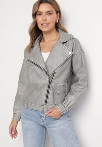 Born2be - Szara Klasyczna Kurtka Ramoneska z Paskiem Nalinea. Okazja: na co dzień. Kolor: szary. Materiał: jeans, poliester. Długość rękawa: długi rękaw. Długość: długie. Styl: klasyczny #7