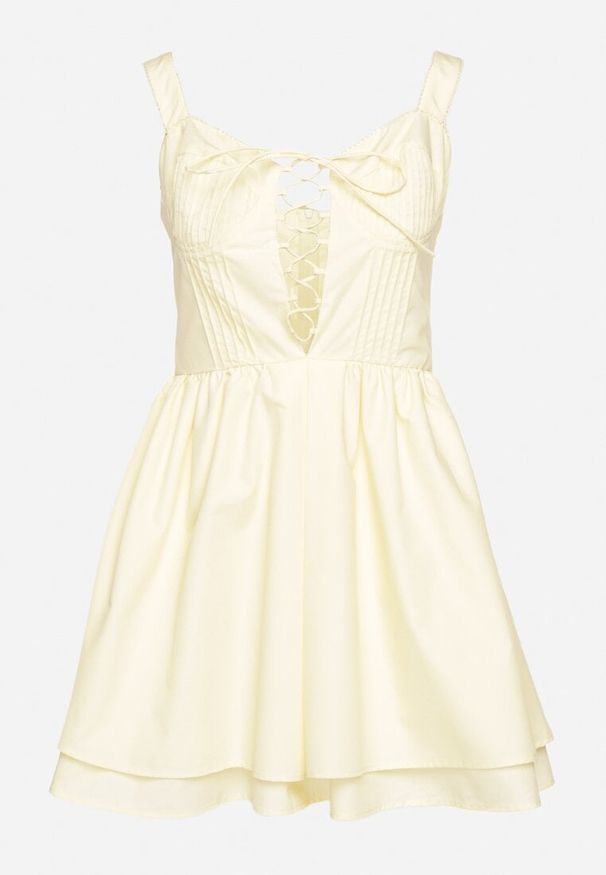 Born2be - Żółta Bawełniana Sukienka Vices w Rustykalnym Stylu z Wiązaniem Fenavira. Okazja: na co dzień. Kolor: żółty. Materiał: bawełna. Długość rękawa: na ramiączkach. Wzór: aplikacja. Styl: casual