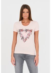 Guess - GUESS Różowy damski t-shirt bawełniany z logo, Rozmiar M. Kolor: różowy. Materiał: bawełna. Wzór: nadruk