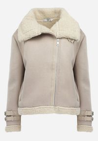 Born2be - Beżowa Kurtka Biker Ozdobiona Wstawkami z Futerka i Paskami Nonnie. Okazja: na co dzień. Kolor: beżowy. Materiał: futro. Długość rękawa: długi rękaw. Długość: długie. Wzór: aplikacja. Styl: casual, elegancki, klasyczny #6