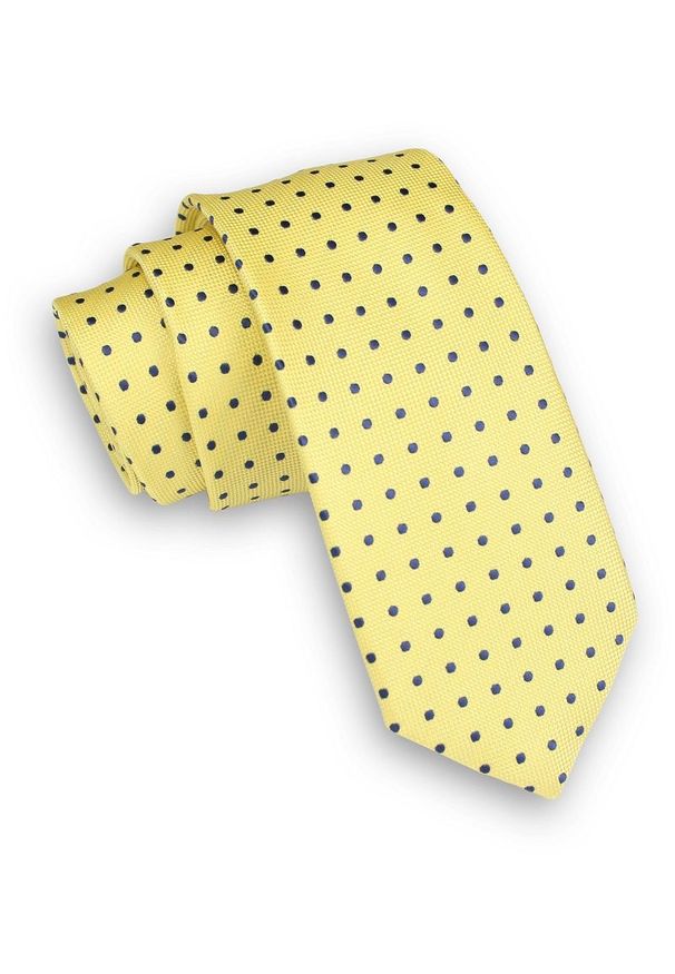 Alties - Żółty Klasyczny Męski Krawat -ALTIES- 6cm, w Granatowe Kropki, Groszki, Kanarkowy. Kolor: niebieski, wielokolorowy, złoty, żółty. Materiał: tkanina. Wzór: grochy. Styl: klasyczny