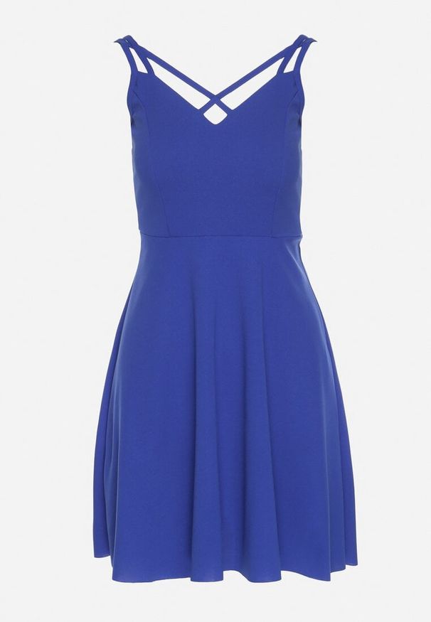 Born2be - Niebieska Rozkloszowana Sukienka z Ozdobnymi Paskami Redaina. Kolor: niebieski. Długość rękawa: na ramiączkach. Styl: elegancki