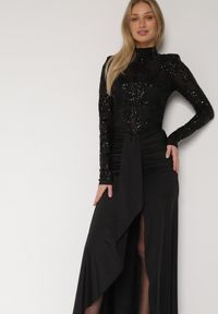 Born2be - Czarna Cekinowa Sukienka Wieczorowa z Półgolfem i Trenem Eylnore. Okazja: na imprezę. Kolor: czarny. Wzór: aplikacja. Styl: wizytowy #5