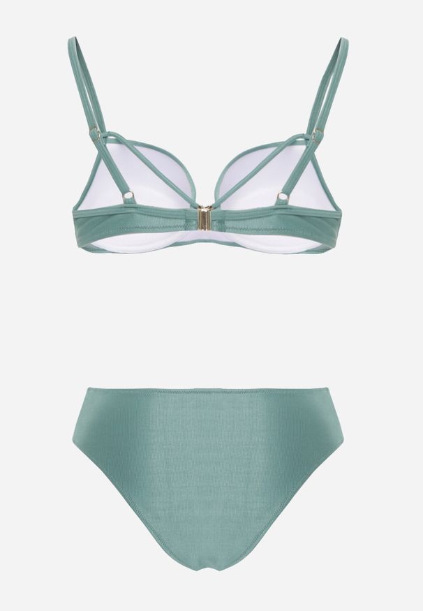 Born2be - Jasnozielone Bikini Majtki Figi i Biustonosz z Paskami i Perłową Aplikacją Cahresha. Kolor: zielony. Wzór: aplikacja