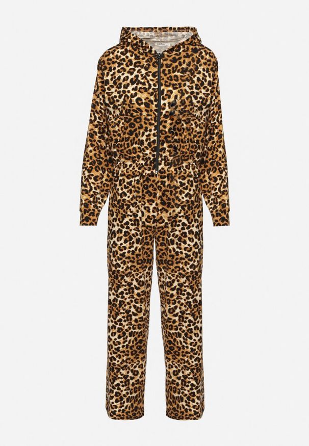 Born2be - Jasnobrązowy Komplet Dresowy w Panterkę Bluza i Szerokie Spodnie Edilessa. Kolor: brązowy. Materiał: dresówka. Wzór: motyw zwierzęcy