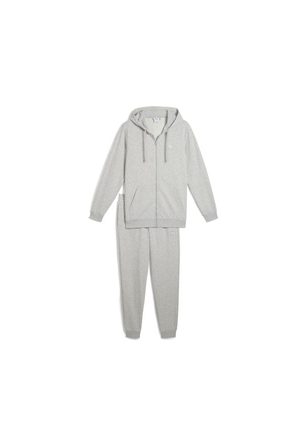 Puma - Męskie dres z kapturem PUMA Light Gray Heather. Kolor: czarny, szary, wielokolorowy. Materiał: dresówka. Wzór: haft, aplikacja