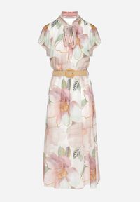 Born2be - Beżowa Sukienka o Rozkloszowanym Kroju z Wiązaniem przy Dekolcie i Paskiem Sorilina. Okazja: na co dzień. Kolor: beżowy. Długość rękawa: krótki rękaw. Wzór: kwiaty. Styl: casual, elegancki #6